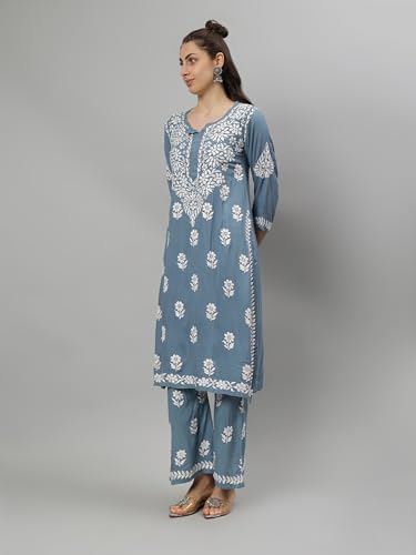 Image of Seva Chikan Hand Embroidered Lucknowi Chikankari Rayon Kurta and Palazzo Set SCL8037