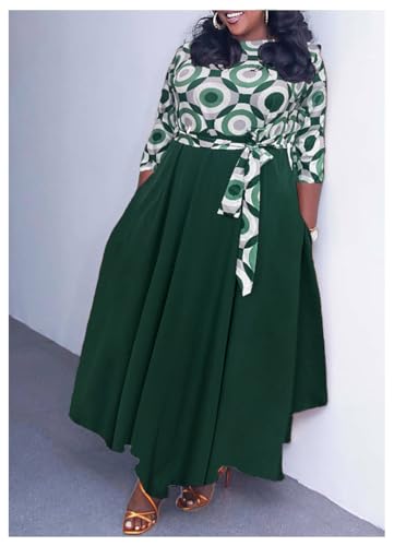 Image of Hostoyo Women Plus Size Formal A Line Maxi Dress Self Tie Waist with Pockets Elegant Round Neck Swing Long Dresses