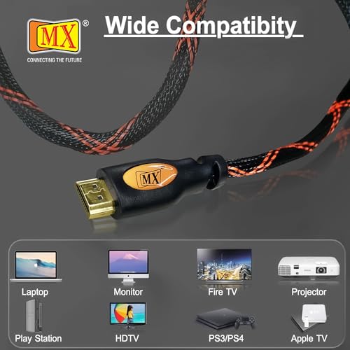 Image of MX 5M HDMI Cable High Speed 4K@60Hz, Nylon Braided, 19-Pin Male to Male, Supports 2160p, 1080p, Ethernet & Audio Return, Compatible with TV, Laptop, Monitor, Projector & Gaming Consoles