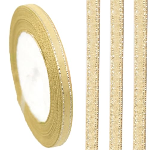CABODYALS 100 Yards 1/4 Inch Double Edge Silver Border Ribbon Tan Ribbon Metallic Polyester Grosgrain Ribbons Bulk with Spool for Sewing Making Crafts Christmas Bouquet Gift Wrapping DIY Supply