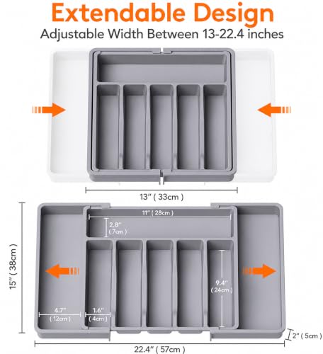 Image of Large Silverware Drawer Organizer, Expandable Utensil Tray for Kitchen, BPA Free Flatware and Cutlery Holder, Adjustable Plastic Storage for Spoons Forks Knives (Grey, Pack Of 1)