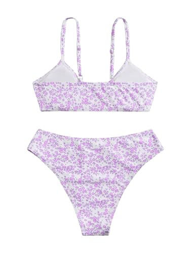 Image of COZYEASE Girls' 2 Piece Ditsy Floral Print Knot Front Ruched Triangle Bikini Swimsuit