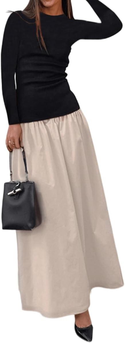 YOXUA Women's Long Sleeve Patchwork A-Line Long Maxi Dress Fall Winter Beach Maxi Dress