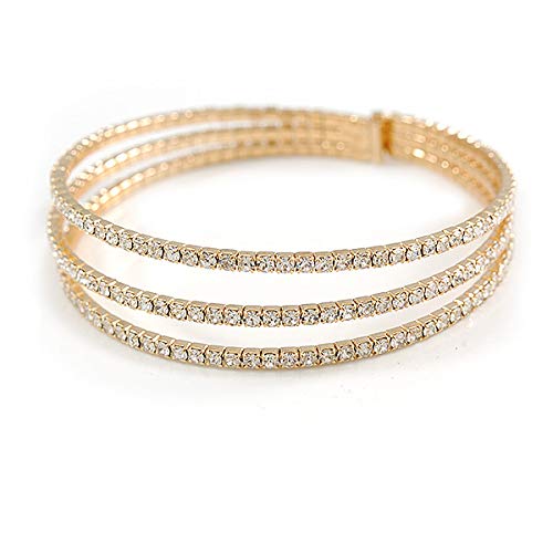 Bracelet manchette ajustable a 3 rangees de cristaux eclatants et dore