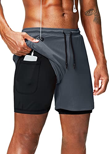 Pinkbomb Men’s 2 in 1 Running Shorts with Phone Pocket 5 Inch Quick Dry Gym Workout Shorts for Men Grey