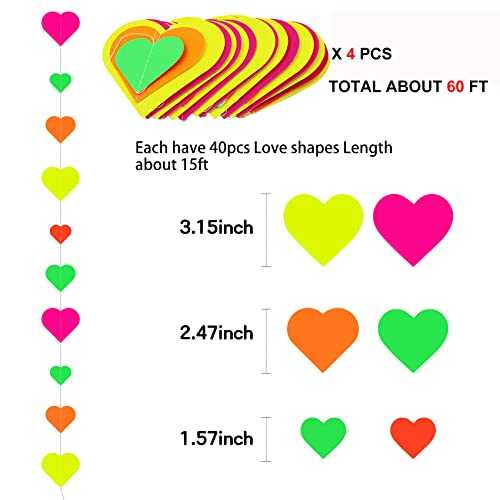 60Ft Neon Paper Love Heart Garland Colorful Hanging Paper Heart Streamer Glow In The Dark Birthday Party Photography Backdrops Black Light Party Favors #TOP2