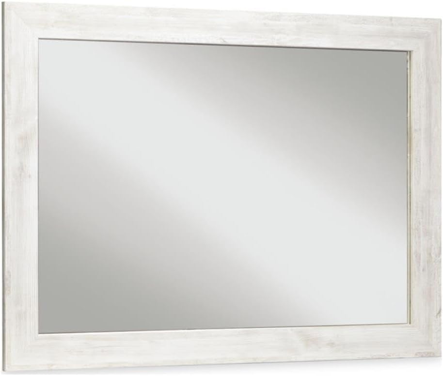 BOWERY HILL Coastal Wood Bedroom Mirror, 31 x 42 in, White Weatherworn Finish, Engineered Wood, Horizontal or Vertical Mounting, Cottage Style Mirror for Wall or Dresser