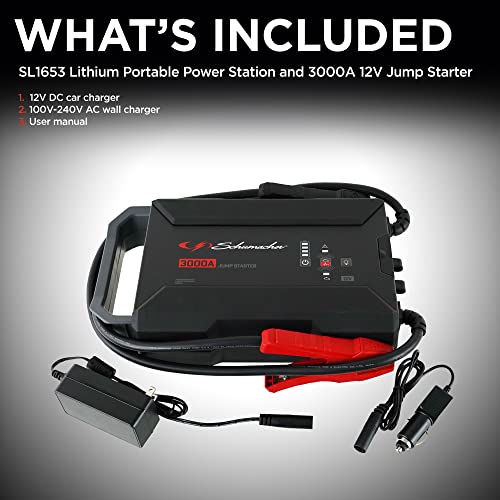 Schumacher Sl1653 Lithium Portable Power Station And 3000A 12V Jump Starter, For 10.0L Gas | 8.0L Diesel Engines – Jump Start Car, Motorcycle, Truck, And Boat – Charge Your Apple, And Android Devices #TOP3