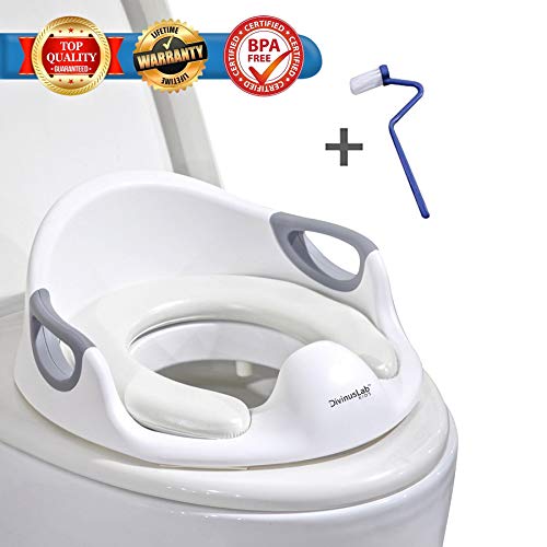 Potty Training Seat for Toddler Boys & Girls, Ergonomic Portable Baby Toilet Shape with Non-Slip Handles, Cushioned Seat for Kids Comfort, Splash Guard & Backrest Toilet Seat, Includes Free Brush