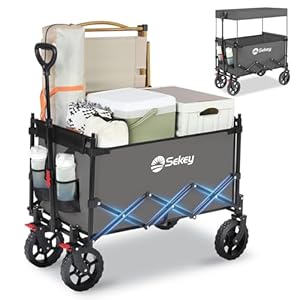 Sekey XXL Bollerwagen Faltbar Kinder 150L 150KG, Faltbarer Bollerwagen mit Dach Klappbarer Handwagen mit Sonnenschutz für Ausflug Strand Camping, S4018, Grau