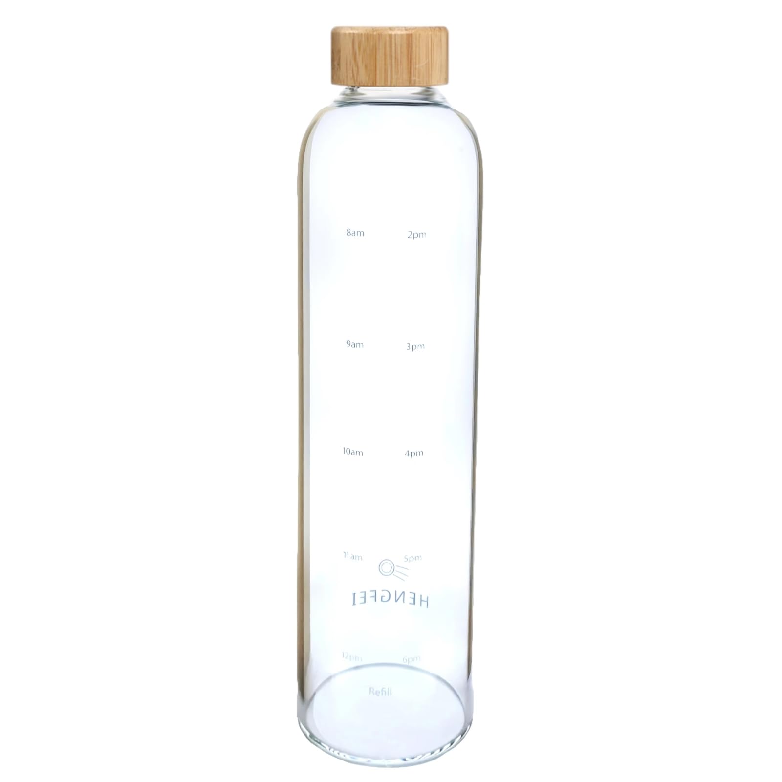 HENGFEIGlass Drink Bottle 1L, Borosilicate Glass Water Bottle with Time Markings, Bamboo Lid and Travel Sleeve. (1 Lid)