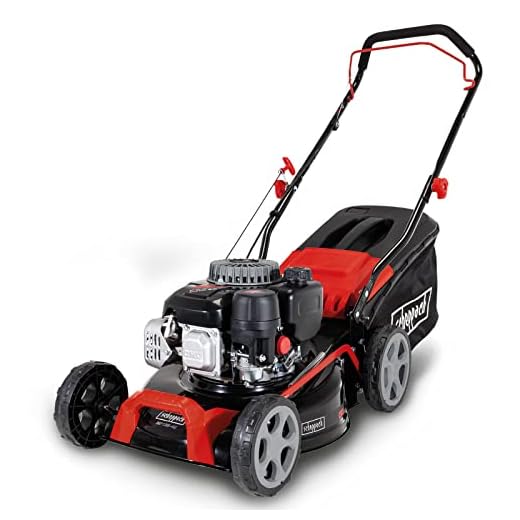 Scheppach Bensin gräsklippare MP135-42 | klippbredd 42 cm | 3 hk | stålhölje | höjdjustering i 7 steg (25–75 mm) | 55 liter fångstkorg med nivåindikator