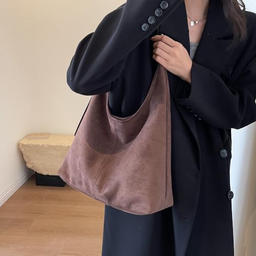 Image of Lushandy Brown Suede Purse Faux Suede Tote Bag Leather Hobo Bags for Women Slouchy Hobo Bag Fall Purse Shoulder Bag