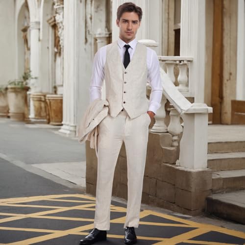 Men's 3 Piece Linen Suit Set Slim Fit Casual Lightweight Blazer Jacket Vest Pants Tuxedo Set for Party Wedding3
