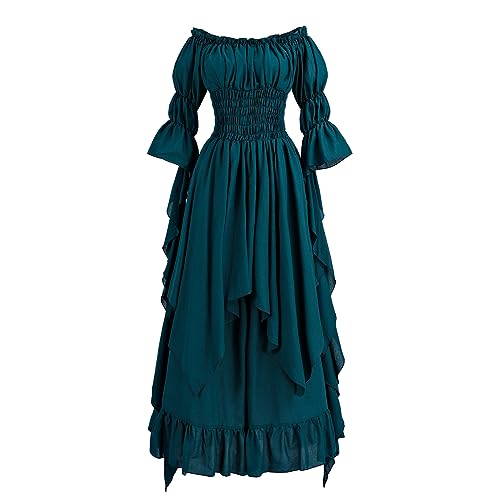 LTAKK Renaissance Dress Medieval Costume Victorian Dresses Women Peasant Gothic Fairy Witch Wedding Under Dress, Peacock Blue, S/M
