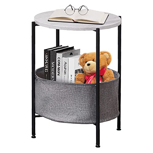 Image of OLBRUS 2-Tier Round End Table, Sofa Side Table with Removable Fabric Storage Basket, Snack Coffee Bedside Tables for Home Office, Living Room and Bedroom