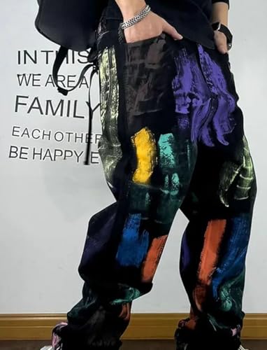 Men’S Trendy Hip Hop Graffiti Baggy Straight Denim Cargo Trousers Slim Fit Full Length Button Fly Midweight Fashion Pants2