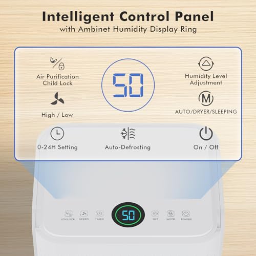 Image of NEWBULIG 30Pints Dehumidifier with Drain Hose, 2,000 Sq.Ft Dehumidifier for Basement, 0.53 Gallon Tank, Low 38dB, Smart Humidity Ring, Ideal Whole House Humidity Remover for Home, Bedroom & Bathroom