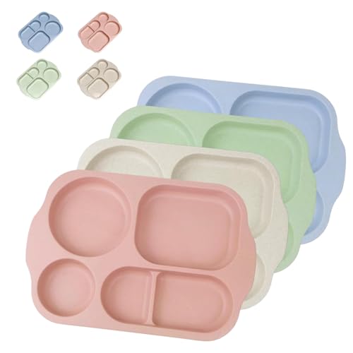4 Pcs 12 Inch Dinner Plates, Reusable Plastic Plates with 5 Compartments, Lightweight Serving Platter for Daily Use, Camping, Picnic (4 Colors)