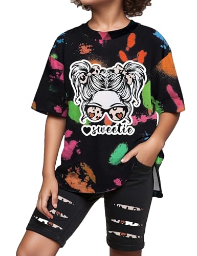 Image of Girls Clothes Short Sleeve Tie Dye Top Shorts and Pants 2PCS Girls Summer Outfits Size 6-16