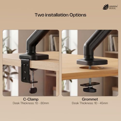 Image of Green Soul Single Monitor Gas Spring Stand|Fits 13-32 inch Screen|9Kg Weight Capacity|Height Adjustable Desk Mount, VESA Plate, Grommet & C-Clamp Base|Monitor Riser for Desk|Tilt, Swivel & Rotation|Black