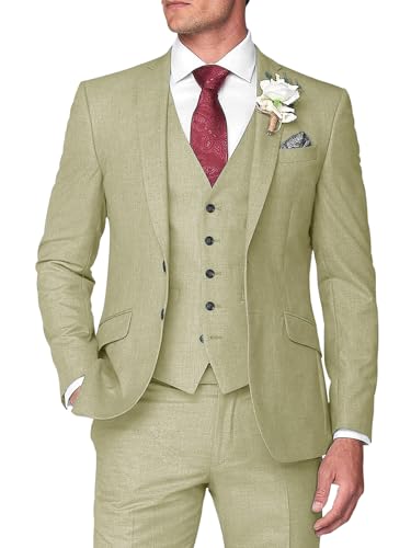 Mens Linen Suit 3 Piece Slim Fit Summer Beach Wedding Suit Casual Lightweight Suits for Men Tuxedo Set