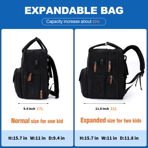 Large Diaper Bag For 2 Kids, 17L~30L Expandable Twin Diaper Bag Backpack For Travel/Shopping, Easy Access Design / 4 Big Insulated + 2 Wet Cloth Pocket For 2 Babies / Waterproof / Back Support Cushion #TOP1