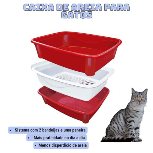 Caixa Higiênica Para Gato Bandeja de Areia Pet Grande Com Peneira Kit 3 Peças
