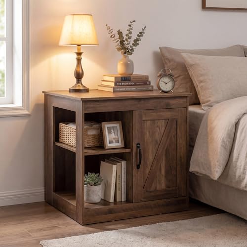 COSTWAY Table de Chevet avec Prise, Chevet de Lit, Port USB, Port Type-C, Étagère Réglable, Armoire, Porte de Grange, Style Compagne, Table d'Appoint pour...