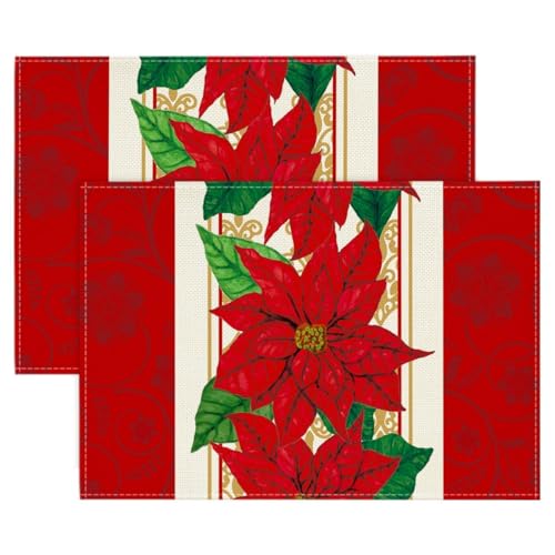 Artoid Mode Watercolor Poinsettia Red Christmas Placemats Set of 2, 12x18 Inch Seasonal Winter Christmas Table Mats for Party Kitchen Dining Decoration by Artoid Mode - Used condition - US$8.01