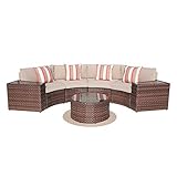 SUNSITT Outdoor 7-Piece Half-Moon Sectional Furniture Set with Round Coffee Table, Patio Curved Sofa Set, Beige Cushion and Brown Wicker, Incl. Waterproof Cover