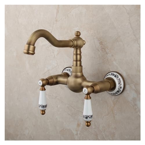 Robinet de lavabo mural eau chaude et froide à double poignée rétro en laiton