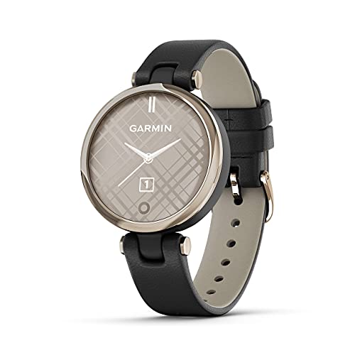Garmin Lily, Small GPS Smartwatch with Touchscreen and Patterned Lens, Light Gold with Black Leather Band (Renewed)