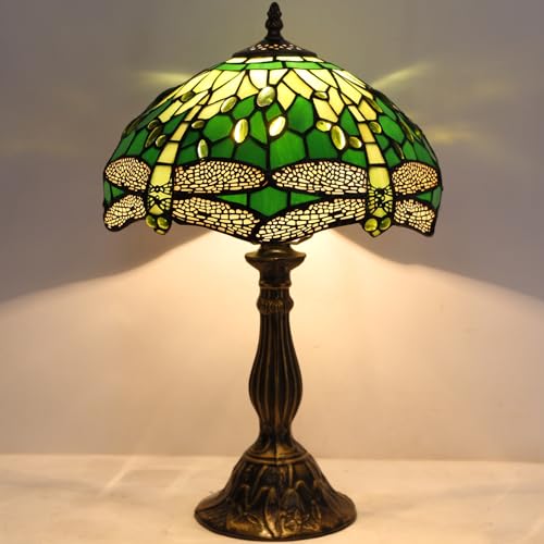 Image of WERFACTORY Tiffany Lamp Green Stained Glass Bedside Table Lamp 18 Inch Tall