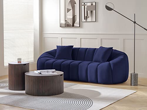 Kevinplus 87'' Modern Oval Sofa Couch For Living Room, Curved Channel Luxury Mid-Century Velvet Tufted 3-Seat Sofa With 2 Pillows, Small Upholstered Sofa Couch For Bedroom Apartment, Dark Blue #TOP2