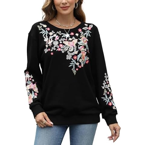 Higustar Women's Embroidered Sweatshirt Mexican Boho Long Sleeve Crewneck Pullover Bohemian Clothes Mama Fall Outfits Cover