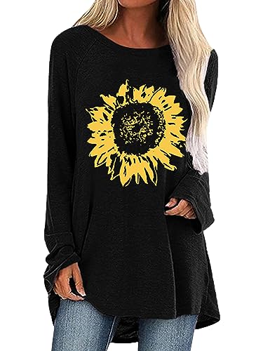Locryz Women Tunic Tops for Leggings Graphic Print Shirt Casual Long Sleeve Tunics Blouse, 001sunflower Black, Large