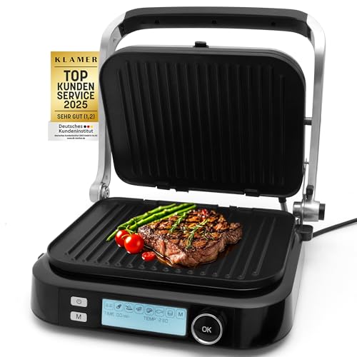 KLAMER Kontaktgrill 2100 W – elektrischer Tischgrill mit 7 Automatikprogrammen, abnehmbaren Platten, Antihaftbeschichtung, einstellbarer Temperatur 70–230 °C, Cool-Touch-Griff, Edelstahl & Schwarz