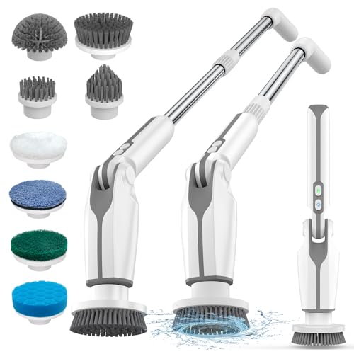 Leebein Cepillo Eléctrico Limpieza Hogar, Fregadora Giratoria Eléctrica con 8 Cepillo Reemplazables, Control Remoto, 2 Velocidades de Rotación y Mango Ajustable 38-132CM para Baño/Cocina/Coche