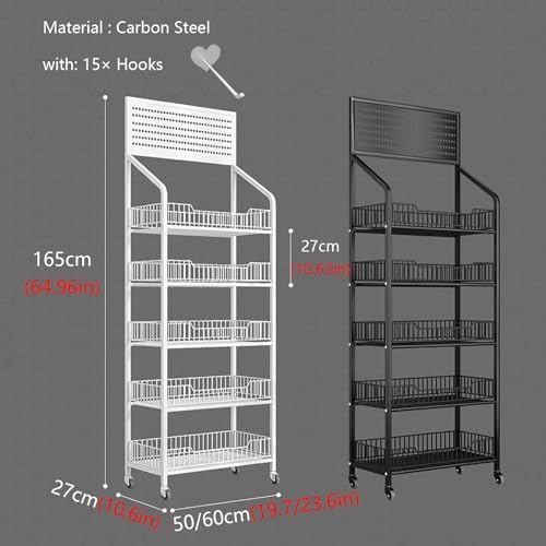 Free Standing Display Racks Mobile Storage Racks Cigarette Racks Supermarket Racks，Black Metal Snack Organizer, Floorstanding 5 Basket Large Capacity Utility Cart with Swivel Casters, Open F