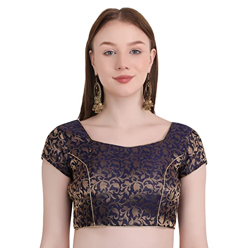 Image of Women's Short Sleeve Brocade (Chanderi) Readymade Stitched Saree Blouse Ready to Wear Half Sleeves Ladies Blouse