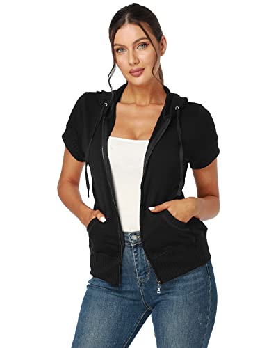 J.corrine Women's Short Sleeve Hoodies Jackets Summer Casual Full Zip Up Hooded Sweatshirts Outdoor Jackets With Pockets Black M #TOP1