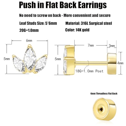 Threadless Flat Back Earrings, Hypoallergenic 14K Real Gold Plated CZ Leaf Stud Earrings | Cartilage Earring | Tragus Helix Piercing Jewelry | Push in Flatback Earrings for Women 6