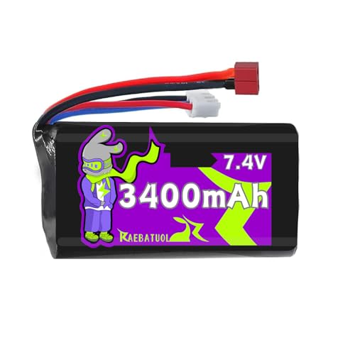 Raebatuol 7.4V 3400mAh Battery with Dean-Style T Plug,2S Rechargeable High Capacity RC Batteries Fit for WLtoys 4WD Speed RC Cars and Most 1/10, 1/12, 1/16 Scale RC Cars Trucks-2 Pcs