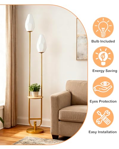 Image of Lightdot 63IN Gold Floor Lamp with Shelf Mid Century Tall Standing Lamps with Rock-Shaped Bulb Included Modern Floor Lamp with 5Lbs Heavy Base for Living Room /Party /Sofa Beside /Corner Decor