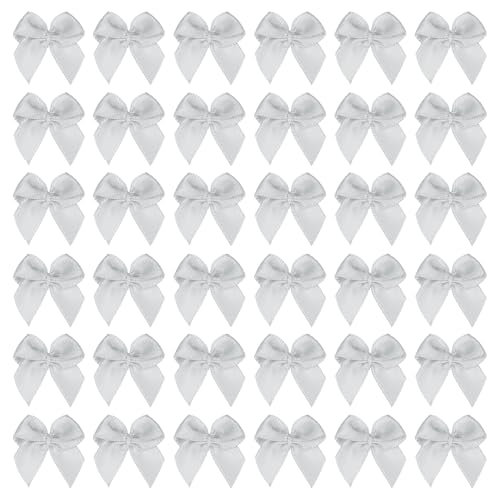 PATIKIL 1 Inch Mini Ribbon Bow 50 Pcs Satin Fabric Ribbon Flower Bows Appliques for DIY Craft Sewing Wedding Party Decoration, Silver