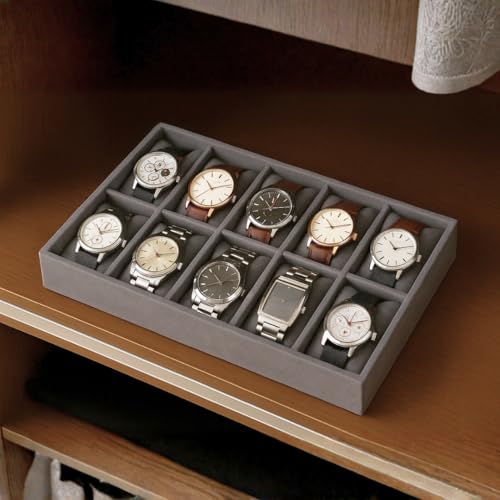 Image of 10 Slot Watch Organizer Tray for Watches, Grey | Tray keeps watches, smartwatches, bracelets and accessories arranged neatly in wardrobe, closet, dresser or dressing table