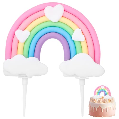 Classicseali Pastel Rainbow Cake Topper, Colorful Care Bear Cake Topper, Hearts and Clouds Rainbow Cakes Decorations, for Rainbows Theme Birthday Party, Wedding Dessert Decoration