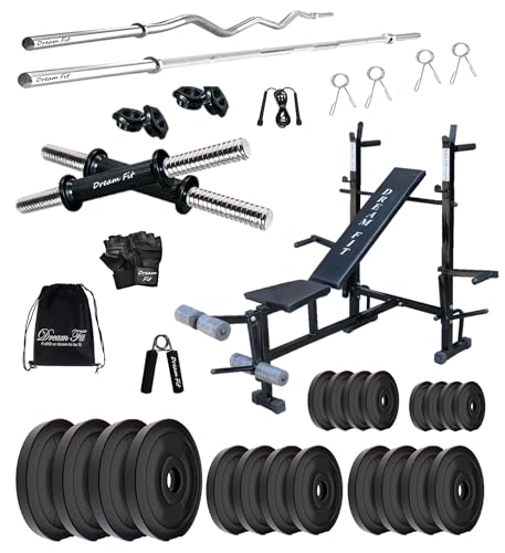 Image of DREAM FIT PVC Home Gym Set - 100 Kg with 8in1 Gym Bench, 3 ft Curling Rod, 5 ft Straight Rod, 1 Pair Dumbbell rods and Gym Accessories (100kg)