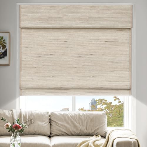 MiLin Roman Shades for Windows Cordless Blackout Roman Window Shades Blinds 100% Natural Linen Hand-Made - Sugar Land (with Lining, Block 60%-70% Light) 32